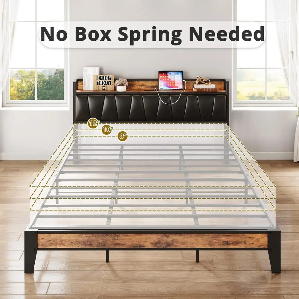 LIKIMIO Twin/Full/Full XL/Queen/Twin XL/California King Bed Frame, Storage Headboard with Charging Station, Easy Assembly