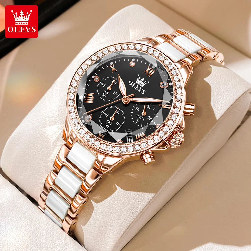 OLEVS 9999 Women Watch Brand Original Elegant Waterproof Chronograph Luxury Ceramic Dress Pink Women Quartz Watch Reloj Mujer