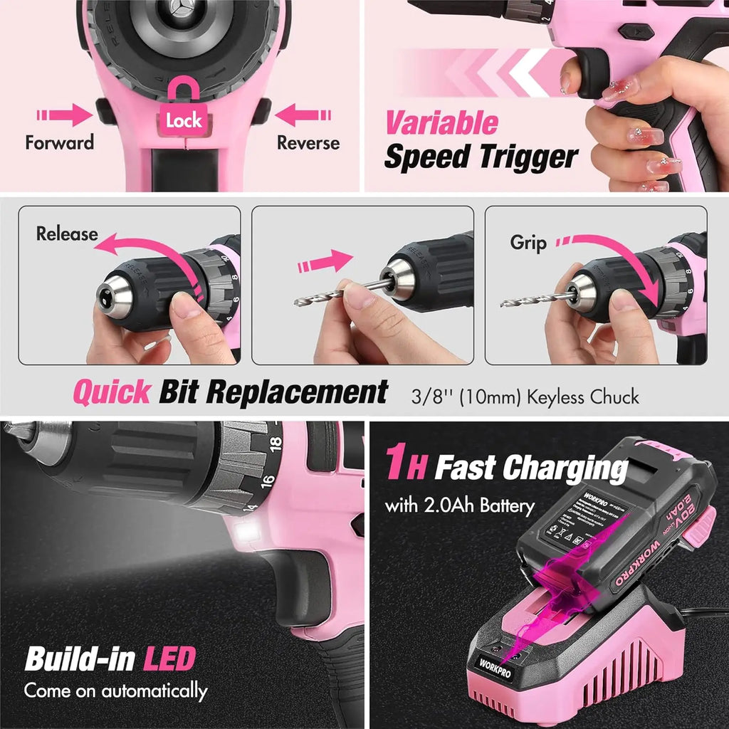 Pink Tool Kit with 20V Cordless Drill, 157PCS Home Repair Set for Women, Includes Storage Bag