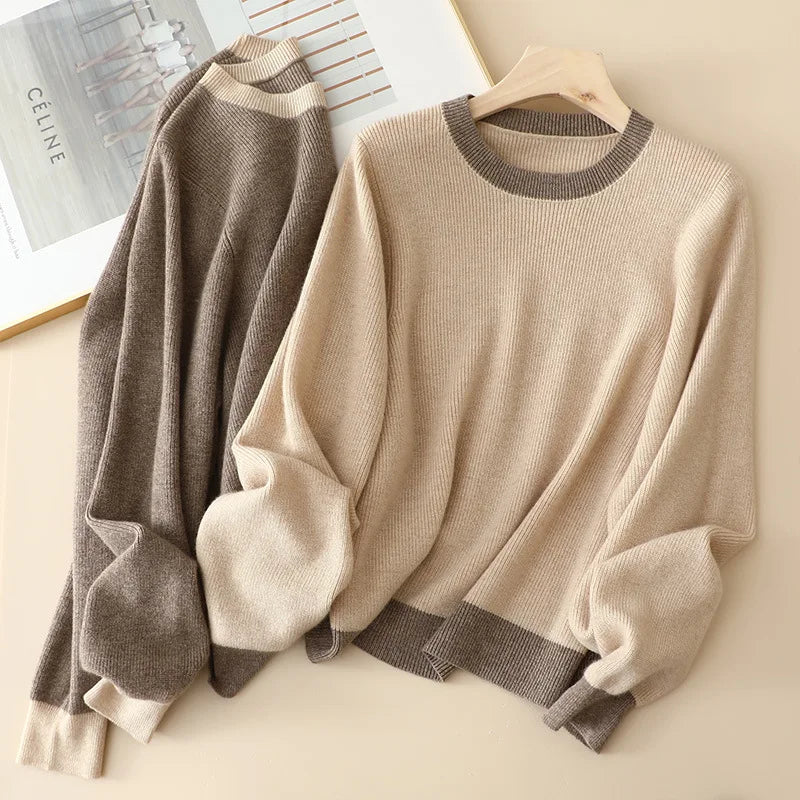 Naizaiga 100 cashmere O-neck cashmere natural color patchwork loose fitting Women spring autumn pullovers sweater  ,YLM352