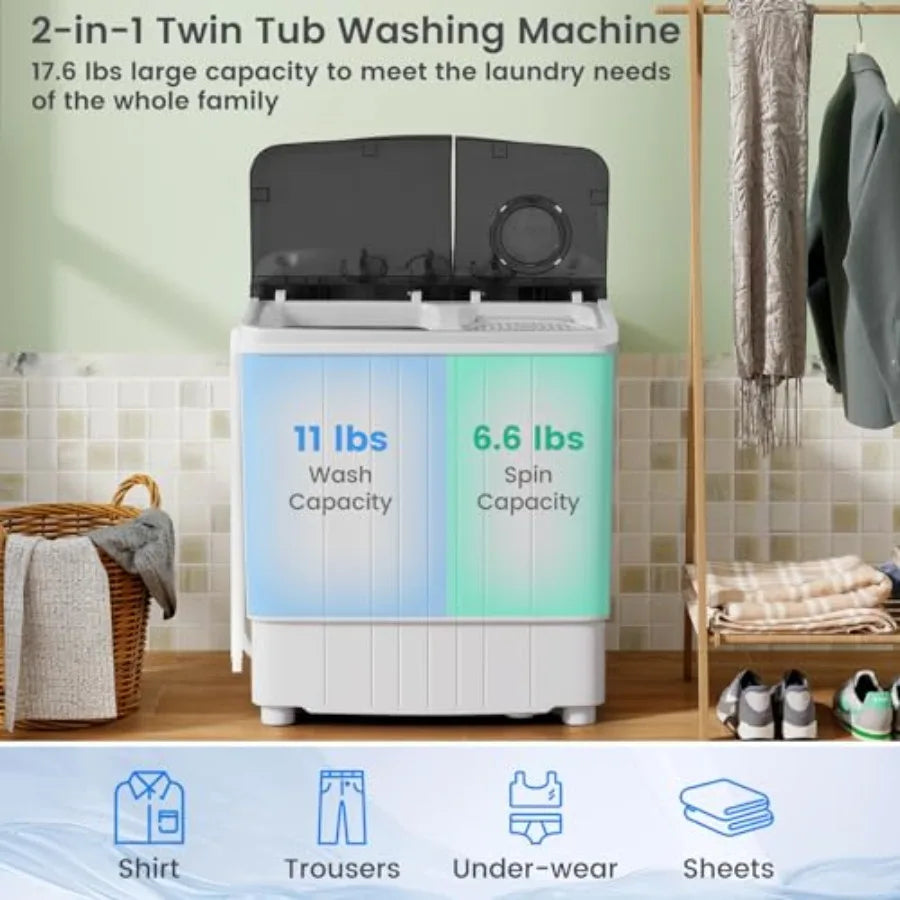 Portable washing machine for home, dorm, apartment, RV use; grey plastic unit with 17.6 lbs twin tub capacity 11 lbs washer + 6