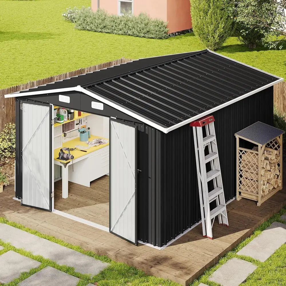 10 x 12-Foot Outdoor Storage Shed with Double Hinged Door, Lockable and Sloped Roof for Garden and Backyard Use, Black