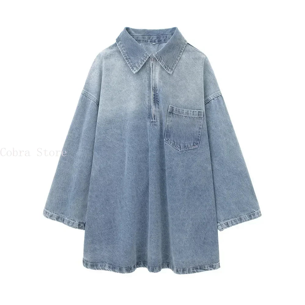 Women's Long Sleeve Denim Mini Dress with Pocket, Lapel Collar, Front Zipper, Oversized Dresses, Female Fashion