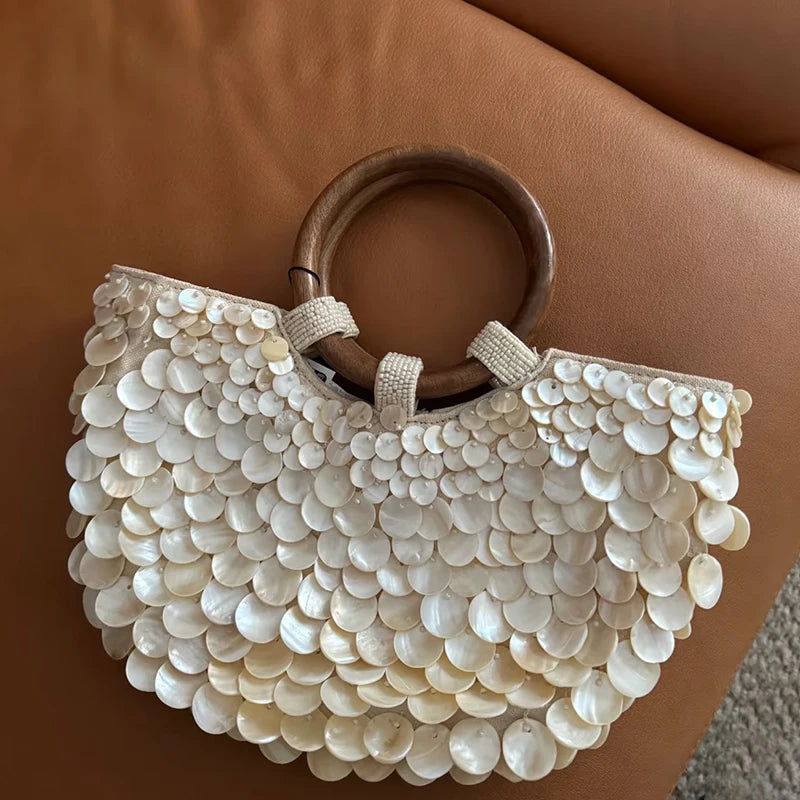 Wood Handbag Top-Handle White Crystal Clutch Bag High Quality Women's Wedding Hand Woven Handbags Fashion Bag