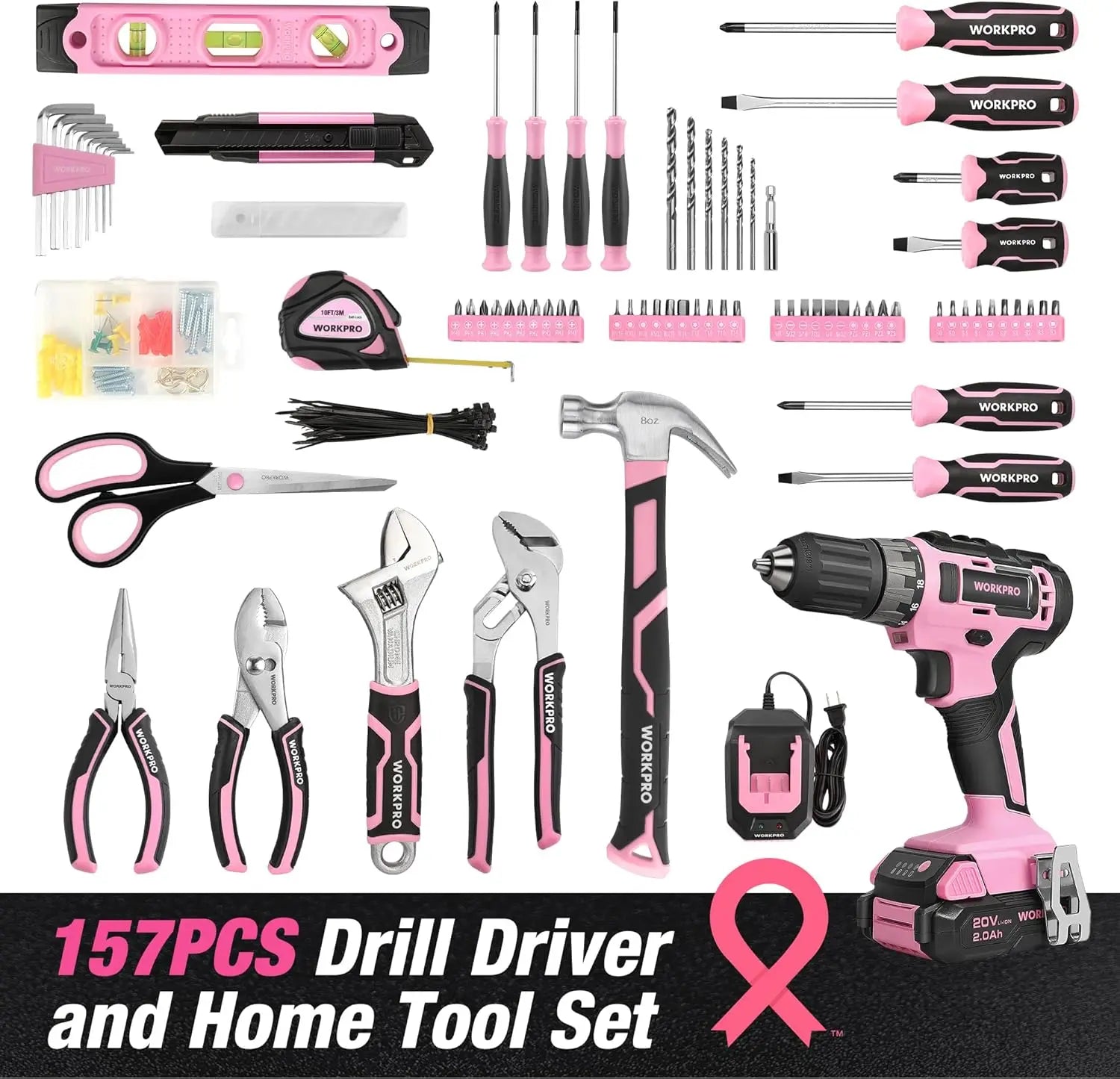 Pink Tool Kit with 20V Cordless Drill, 157PCS Home Repair Set for Women, Includes Storage Bag