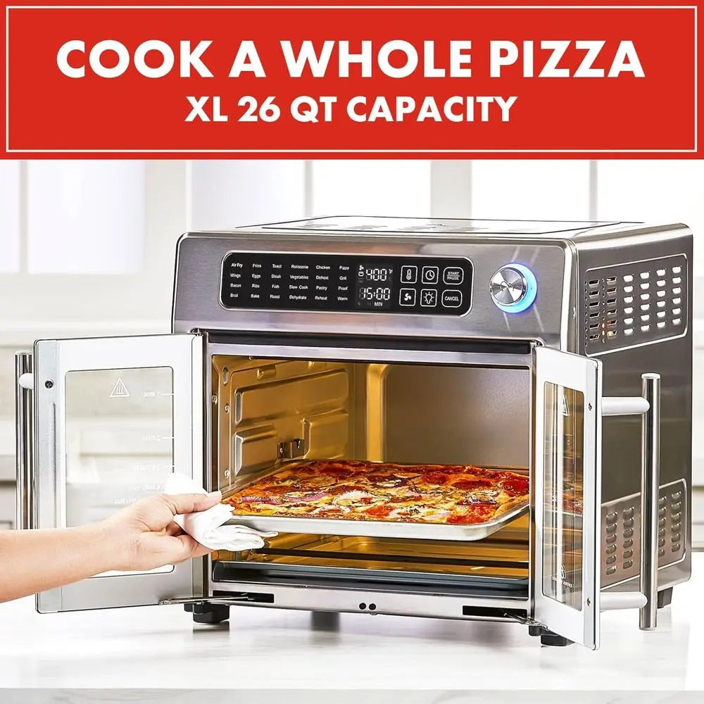Extra Large French Door Air Fryer Toaster Oven Combo, 24 Functions, Digital Controls, 7 Accessories, Stainless Steel, 26QT Capac