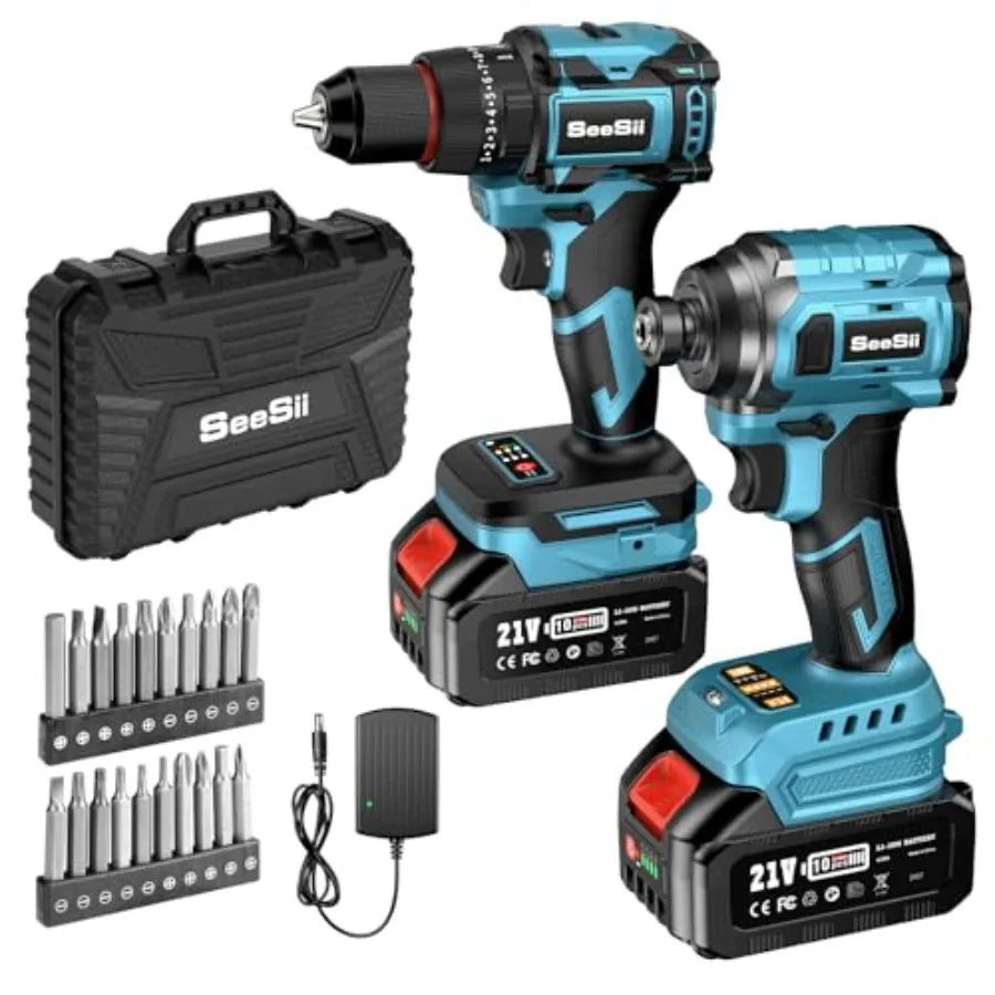 【Spot goods】21V Max Cordless Drill and Impact Driver Power Tool Combo Kit Included 3/8'' Drill and 1/4'' Impact Driver 2x 4000m