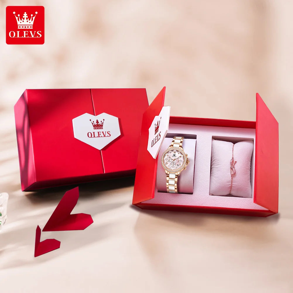 OLEVS 9999 Women Watch Brand Original Elegant Waterproof Chronograph Luxury Ceramic Dress Pink Women Quartz Watch Reloj Mujer