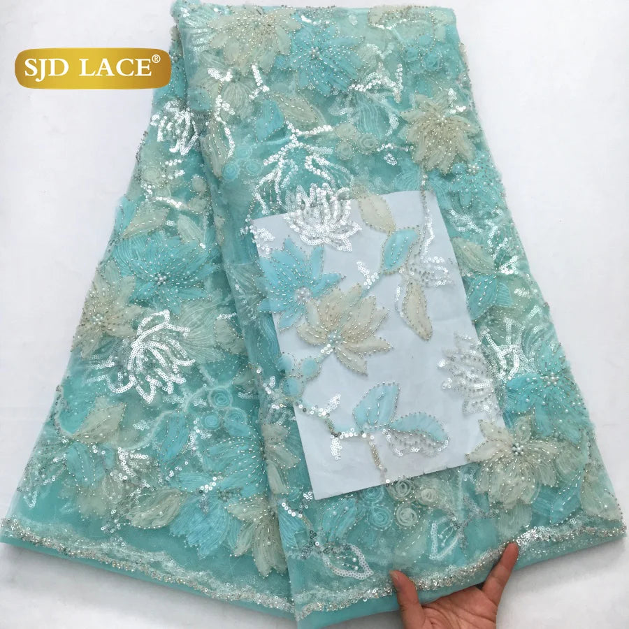 SJD LACE African Luxury Beads Mesh Lace Fabrics Nigerian Tulle 2025 French Tulle Beaded Net Lace for Women Evening Dresses A4034