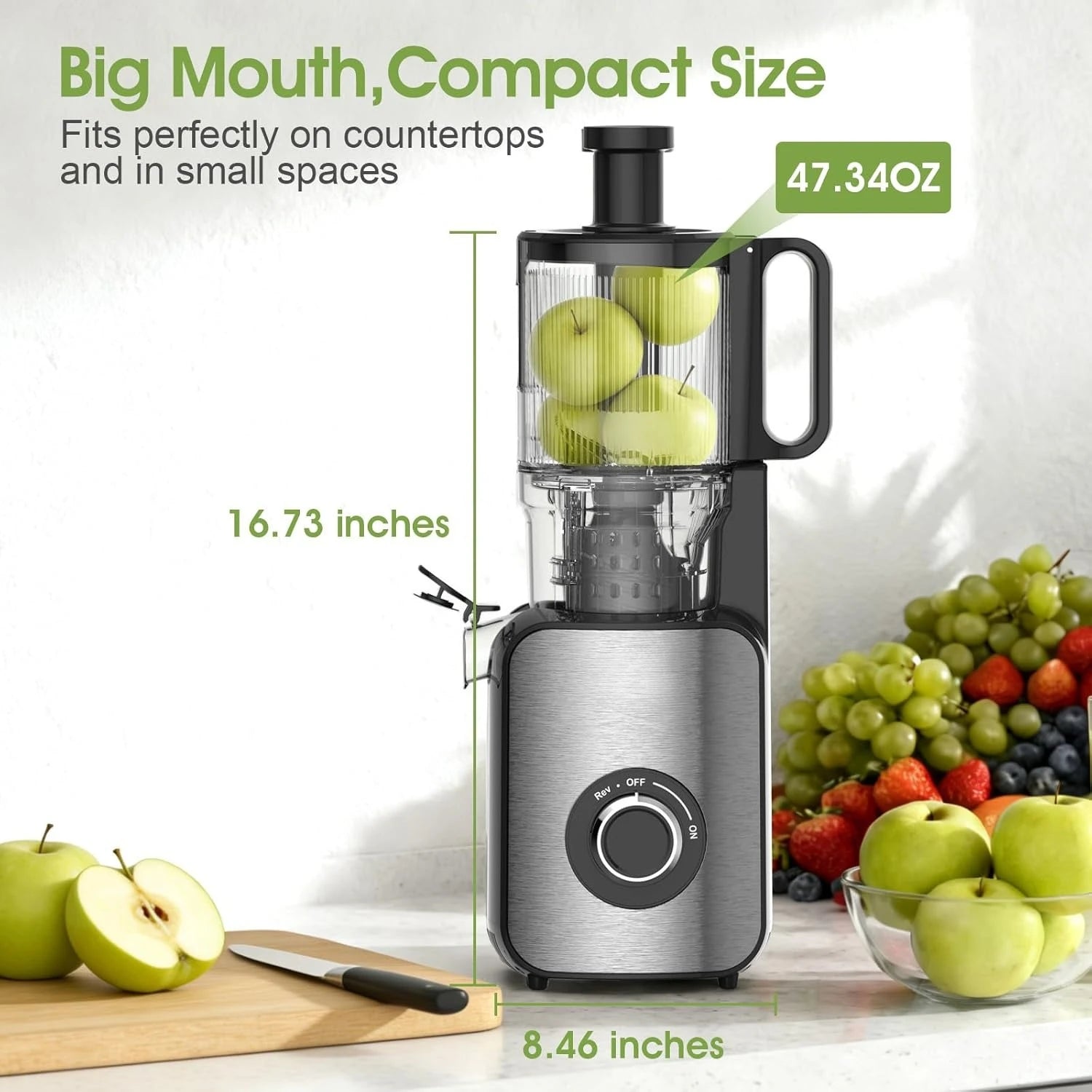 Cold Press Juicer,Stainless Steel Material,Juicer Machines with 5.0Inch Wide Feed Chute,Slow Masticating Juicer for Vegetables and Fruits with High Juice Yield,Large Auger,Easy to Clean